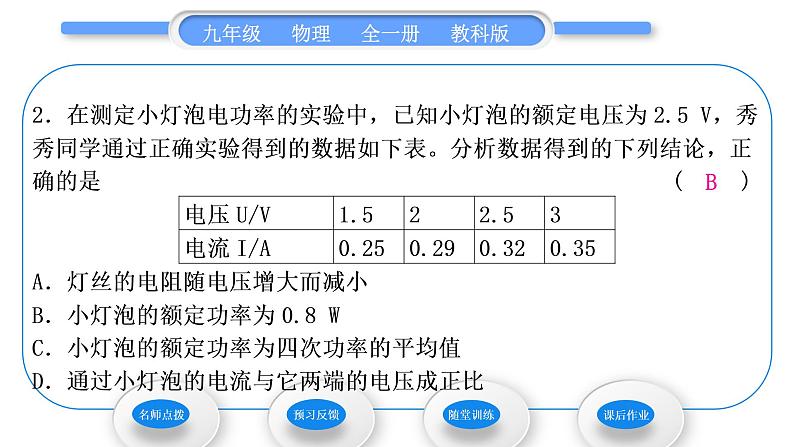 教科版九年级物理全册第六章电功率6．4　灯泡的电功率第2课时　测定小灯泡的额定功率习题课件第7页