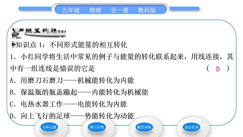 教科版九年级物理全册第十一章物理学与能源技术11．1　能量守恒定律　11.2　能量转化的方向性和效率习题课件06