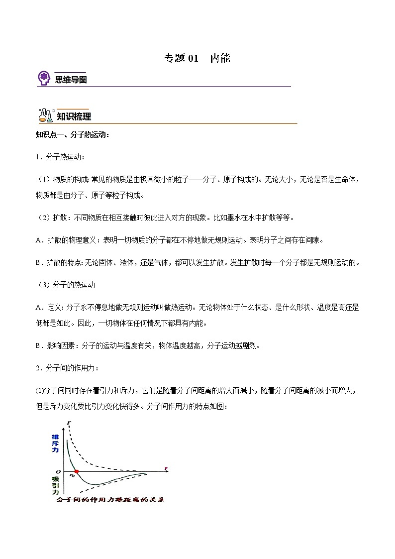 人教版物理九年级全册考点大串讲  专题01  内能（知识梳理+专题过关）（含解析）01