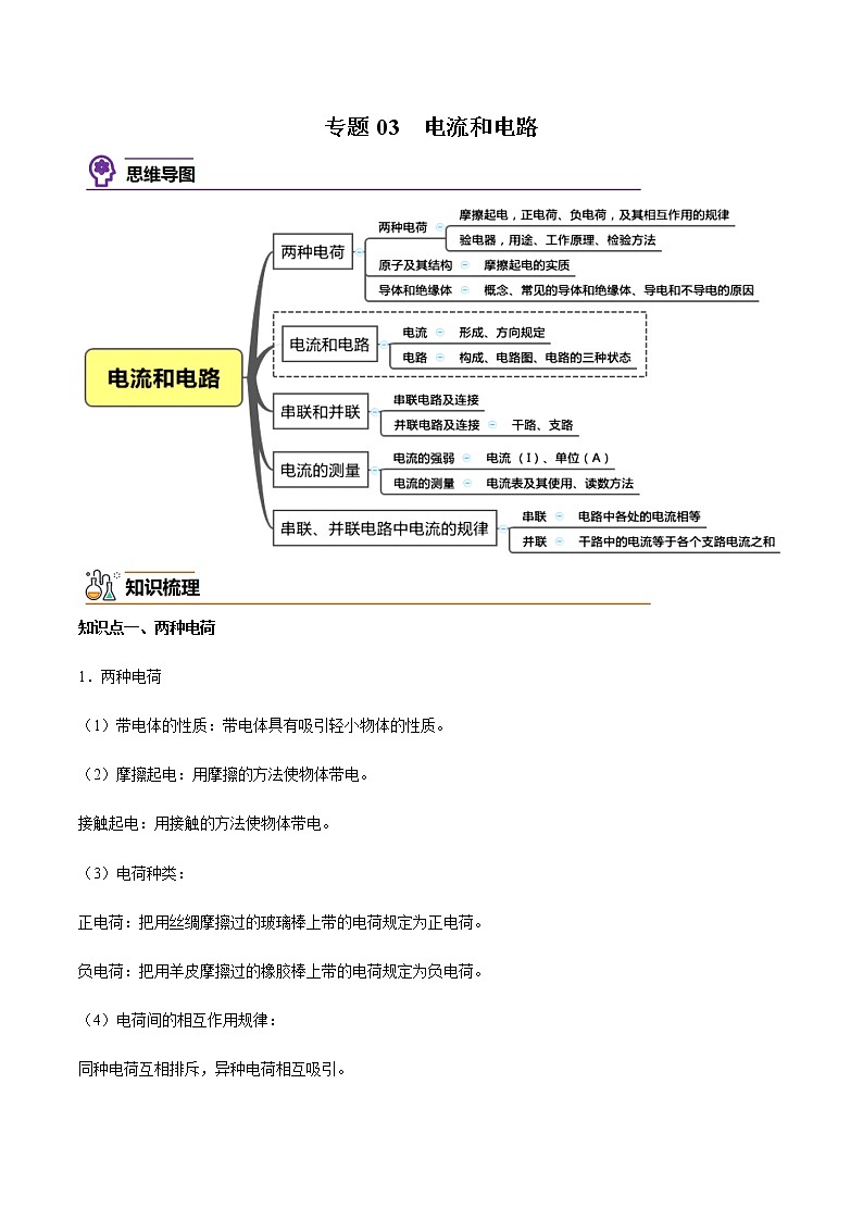 人教版物理九年级全册考点大串讲  专题03  电流和电路（知识梳理+专题过关）（含解析）01
