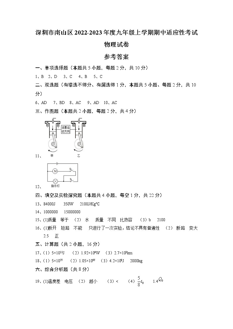 深圳市南山区2022-2023年度九年级上学期期中适应性物理试卷答案第1页