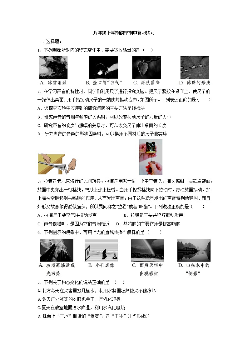 江苏省高邮市阳光双语初中2022-2023学年八年级上学期物理期中复习练习第1页