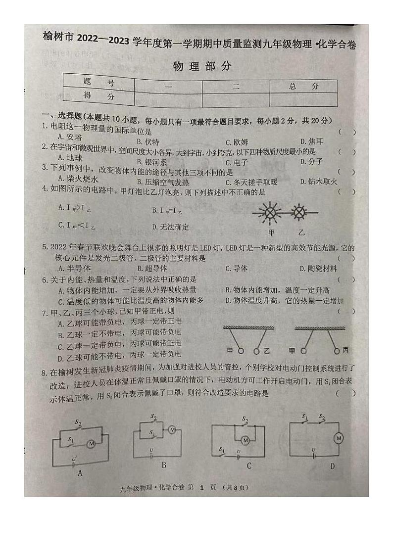 吉林省长春市榆树市2022-2023学年九年级上学期期中物理试题第1页
