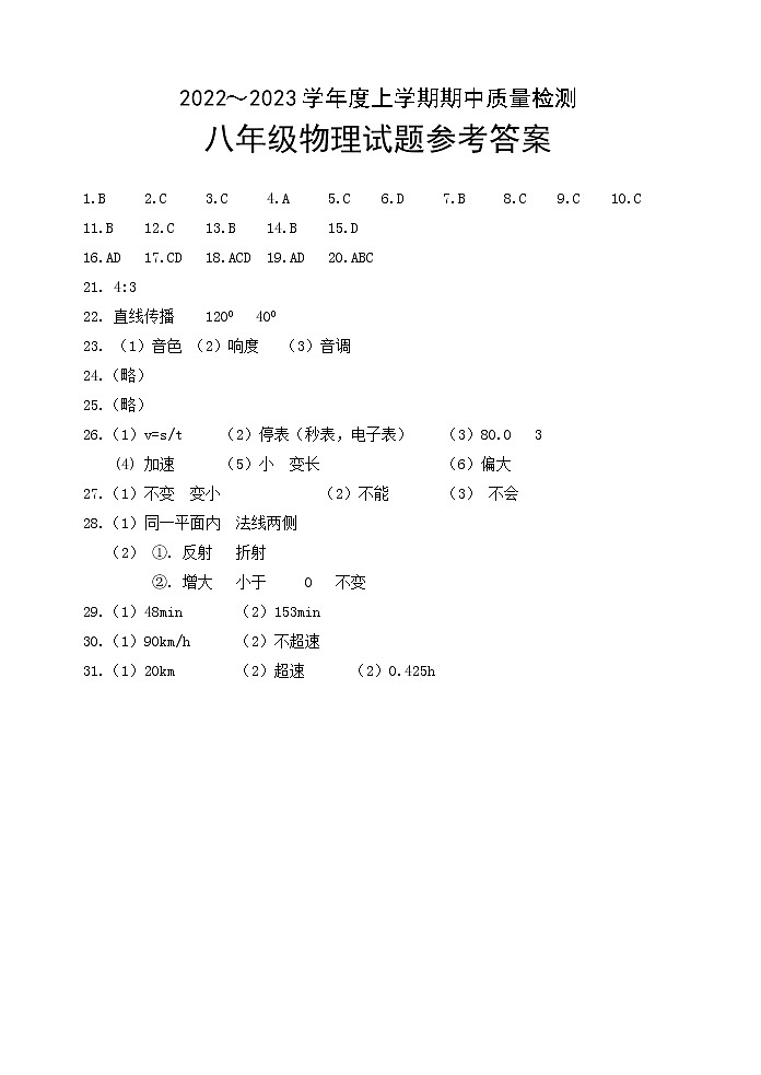 八年级物理试题参考答案第1页