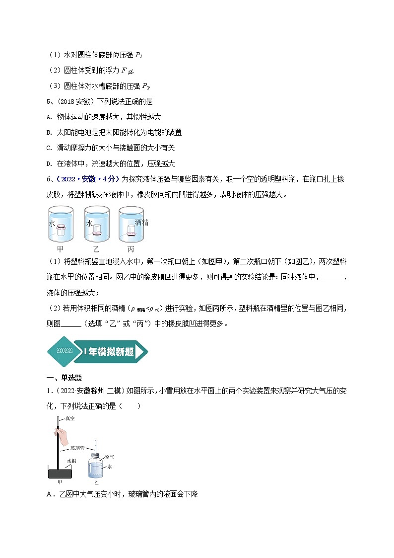 专题09 压强--5年（2018-2022）中考1年模拟物理分项汇编（安徽专用）（原卷版）第2页