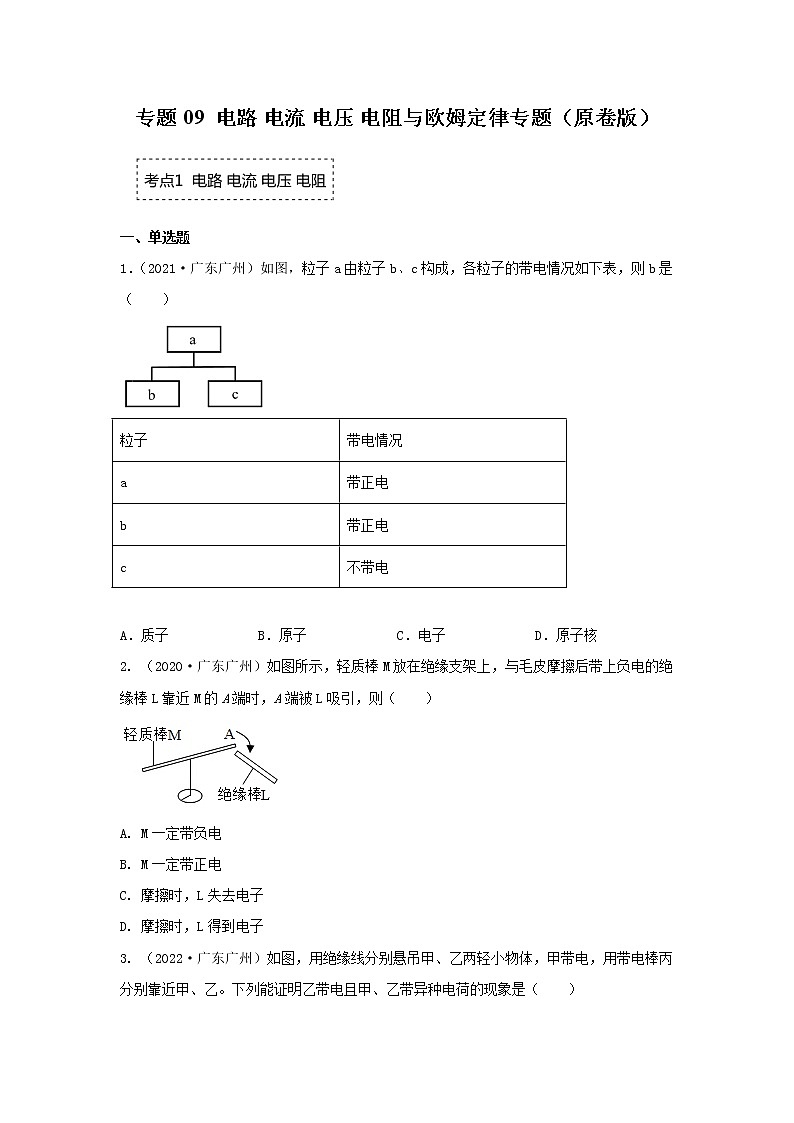 专题09 电路、电流、电压、电阻与欧姆定律专题（原卷版）第1页