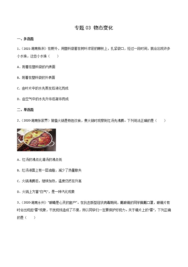 专题03 物态变化-三年（2020-2022）中考物理真题分项汇编（湖南专用）（原卷版）第1页