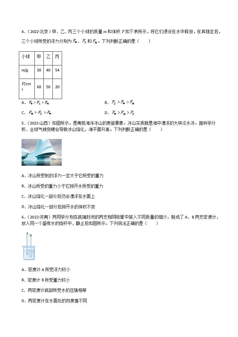 专题10 浮力-（2020-2022）三年中考物理试题分项汇编（全国通用）（原卷版）第2页