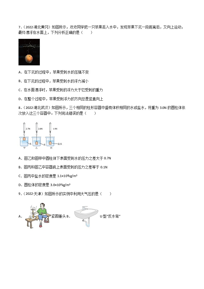 专题10 浮力-（2020-2022）三年中考物理试题分项汇编（全国通用）（原卷版）第3页