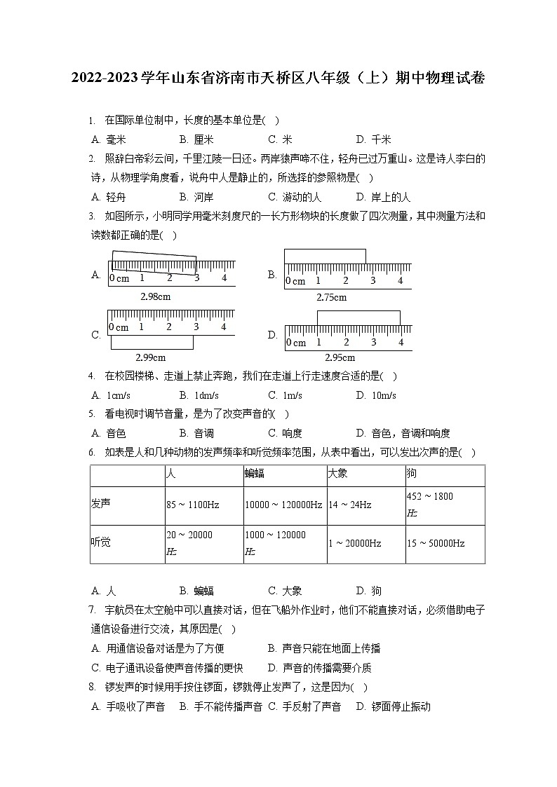 2022-2023学年山东省济南市天桥区八年级（上）期中物理试卷(含答案解析)第1页