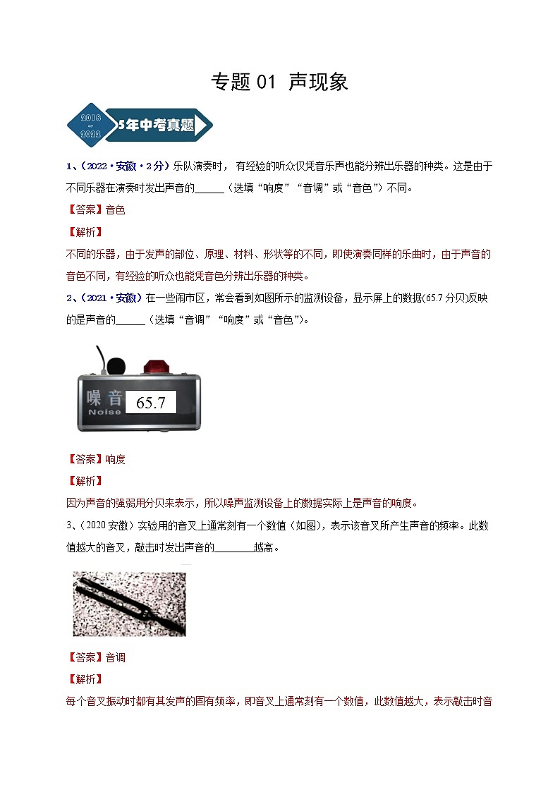 专题01 声现象--5年（2018-2022）中考1年模拟物理分项汇编（安徽专用）（解析版）第1页