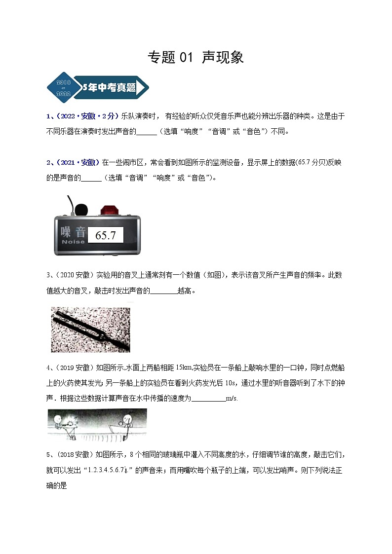 专题01 声现象--5年（2018-2022）中考1年模拟物理分项汇编（安徽专用）（原卷版）第1页