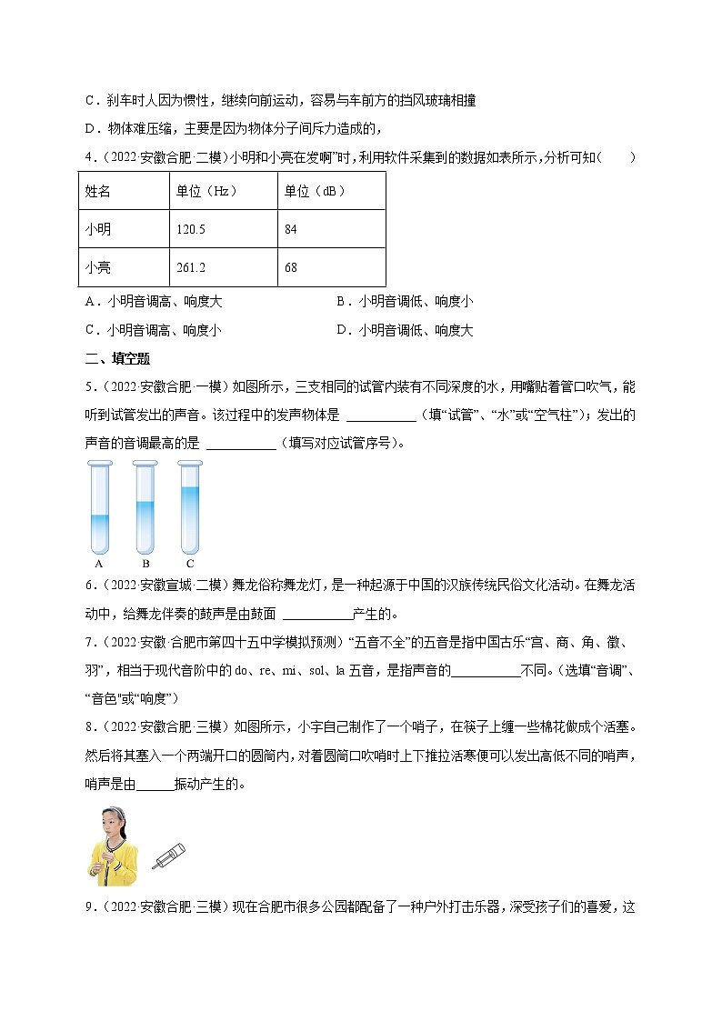 专题01 声现象--5年（2018-2022）中考1年模拟物理分项汇编（安徽专用）（原卷版）第3页