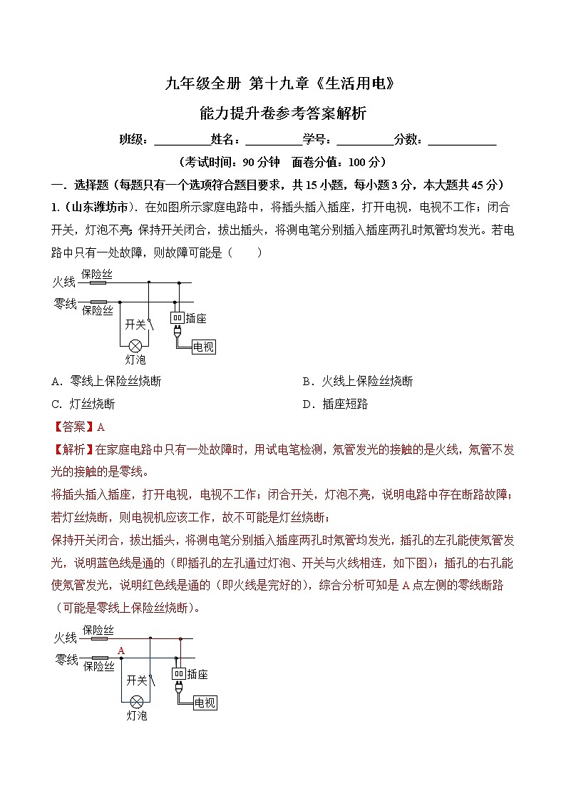 第19章《生活用电》专题复习习题课ppt课件+能力提升卷+答案与解析01