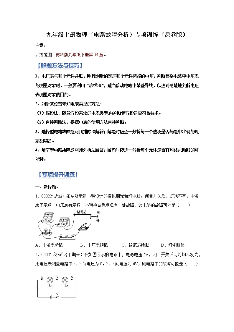 【期末复习】2022-2023学年初三物理上册专项训练（电路故障分析）第1页