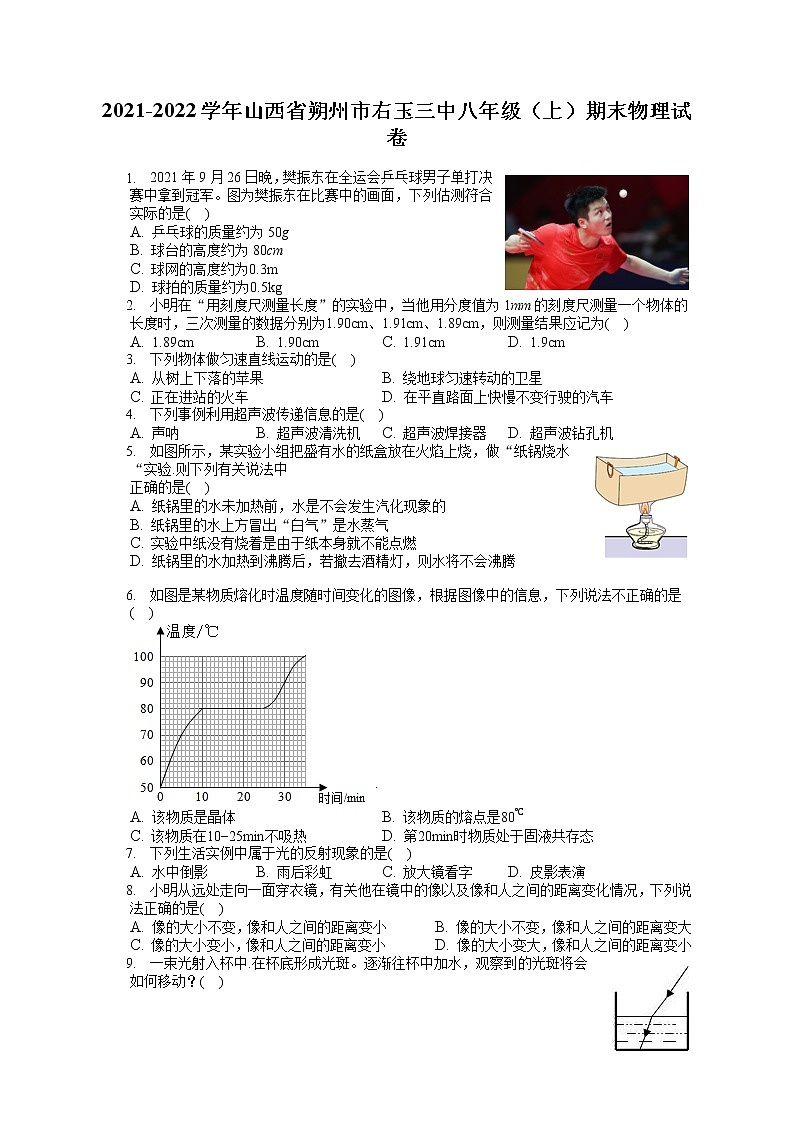 2021-2022学年山西省朔州市右玉三中八年级（上）期末物理试卷（含答案解析）第1页