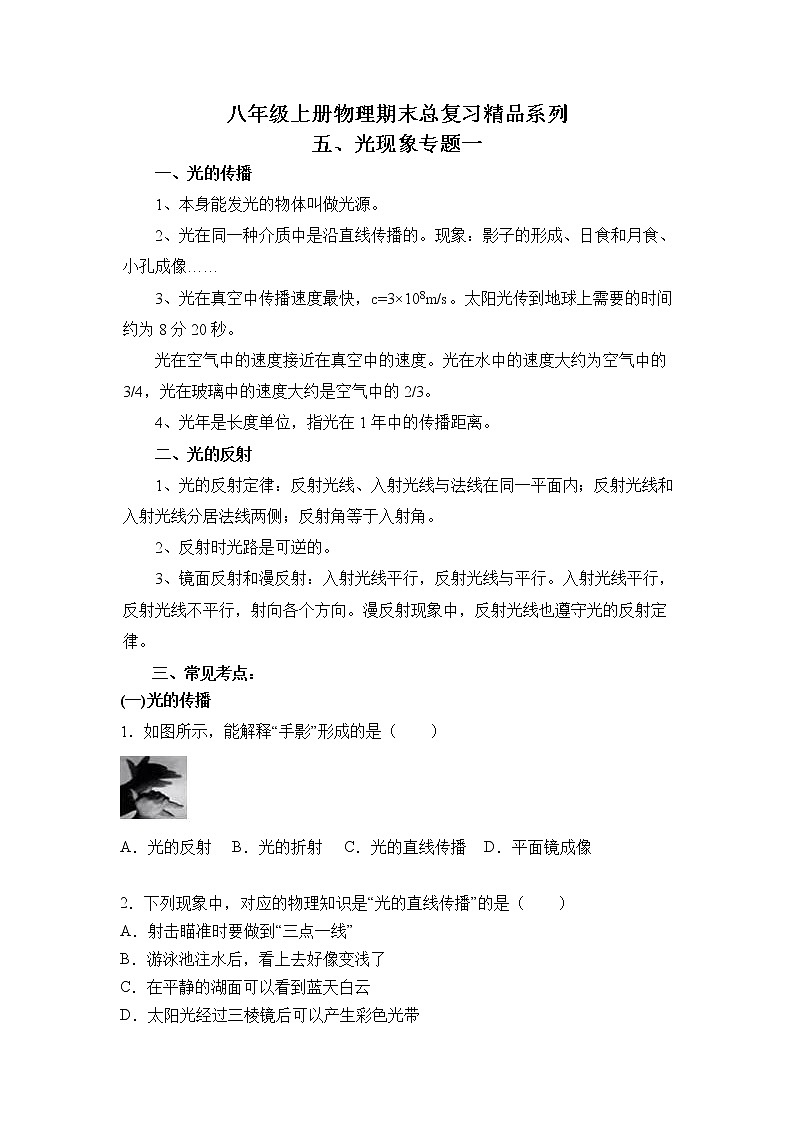 2023年中考物理总复习精品系列4：光现象专题一01