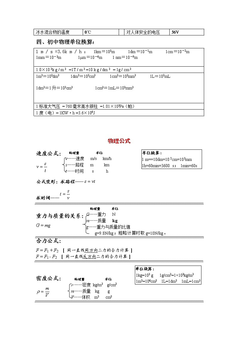 初中物理基本物理量、公式及常数知识汇编03