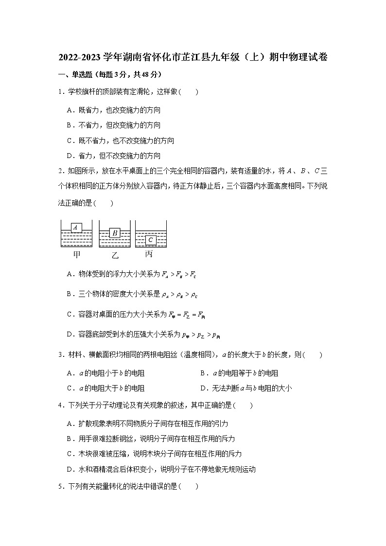 湖南省怀化市芷江县2022-2023学年九年级上学期期中物理试卷 (含答案)01