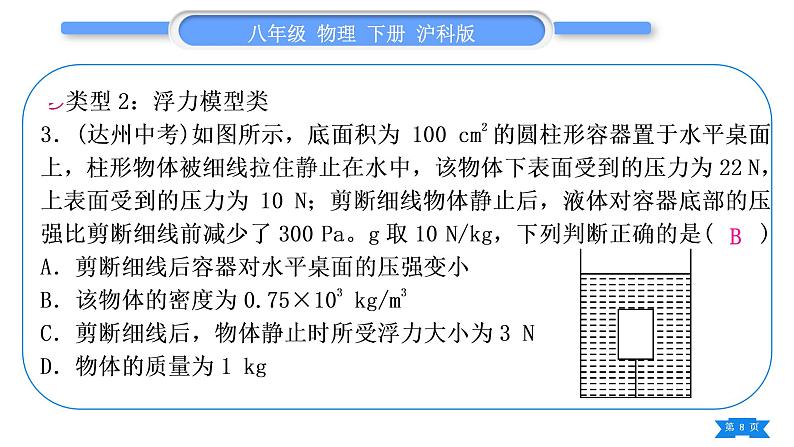 沪科版八年级物理下第九章浮力专题五压强、浮力的综合计算习题课件第8页