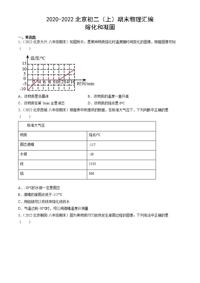 【期末复习】2020-2022北京初二上册期末物理汇编：熔化和凝固第1页
