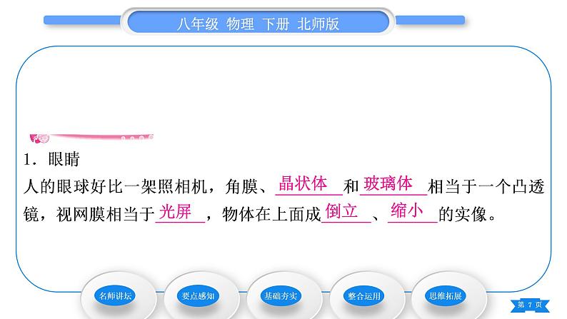 北师大版八年级物理下第六章常见的光学仪器四、眼睛和眼镜习题课件07