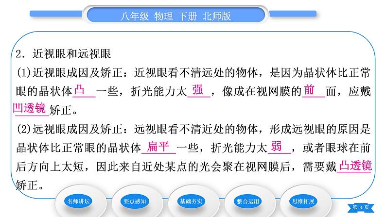 北师大版八年级物理下第六章常见的光学仪器四、眼睛和眼镜习题课件08