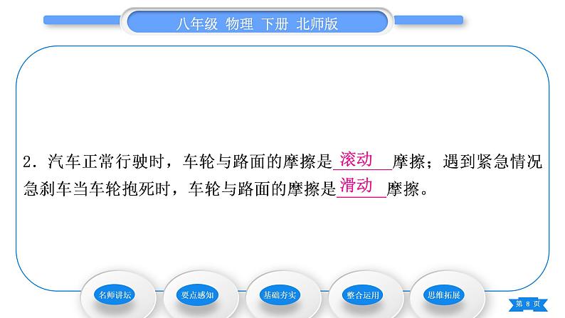 北师大版八年级物理下第七章运动和力六、学生实验：探究——摩擦力的大小与什么有关第2课时摩擦的利用与防止习题课件08