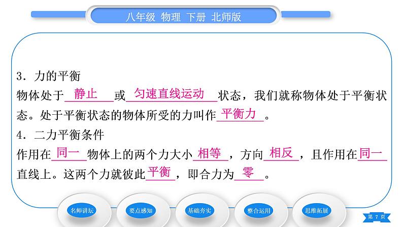 北师大版八年级物理下第七章运动和力四、同一直线上二力的合成 五、二力平衡习题课件07