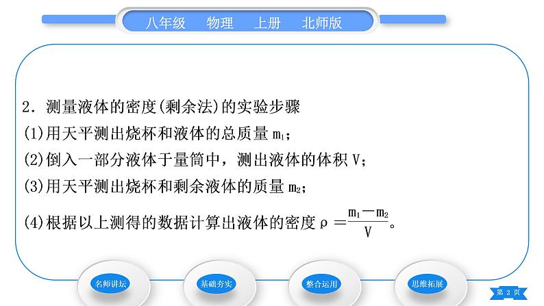 北师大版八年级物理上第二章物质世界的尺度、质量和密度三、学生实验：探究——物质的密度第2课时密度的测量习题课件第2页