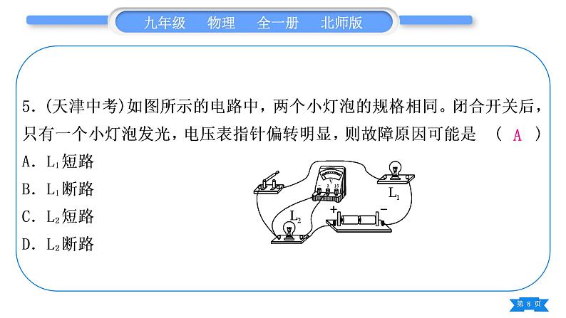 北师大版九年级物理第十一章简单电路专题四电路故障的分析与查找习题课件第8页