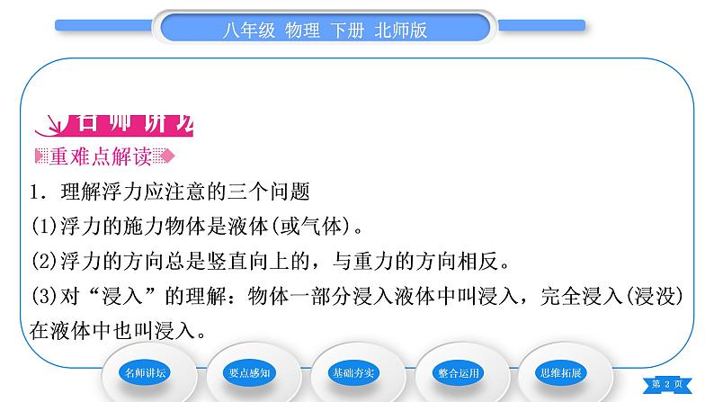 北师大版八年级物理下第八章压强与浮力五、学生实验：探究——影响浮力大小的因素第1课时浮力习题课件02