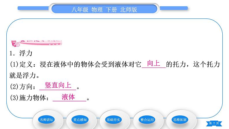 北师大版八年级物理下第八章压强与浮力五、学生实验：探究——影响浮力大小的因素第1课时浮力习题课件07