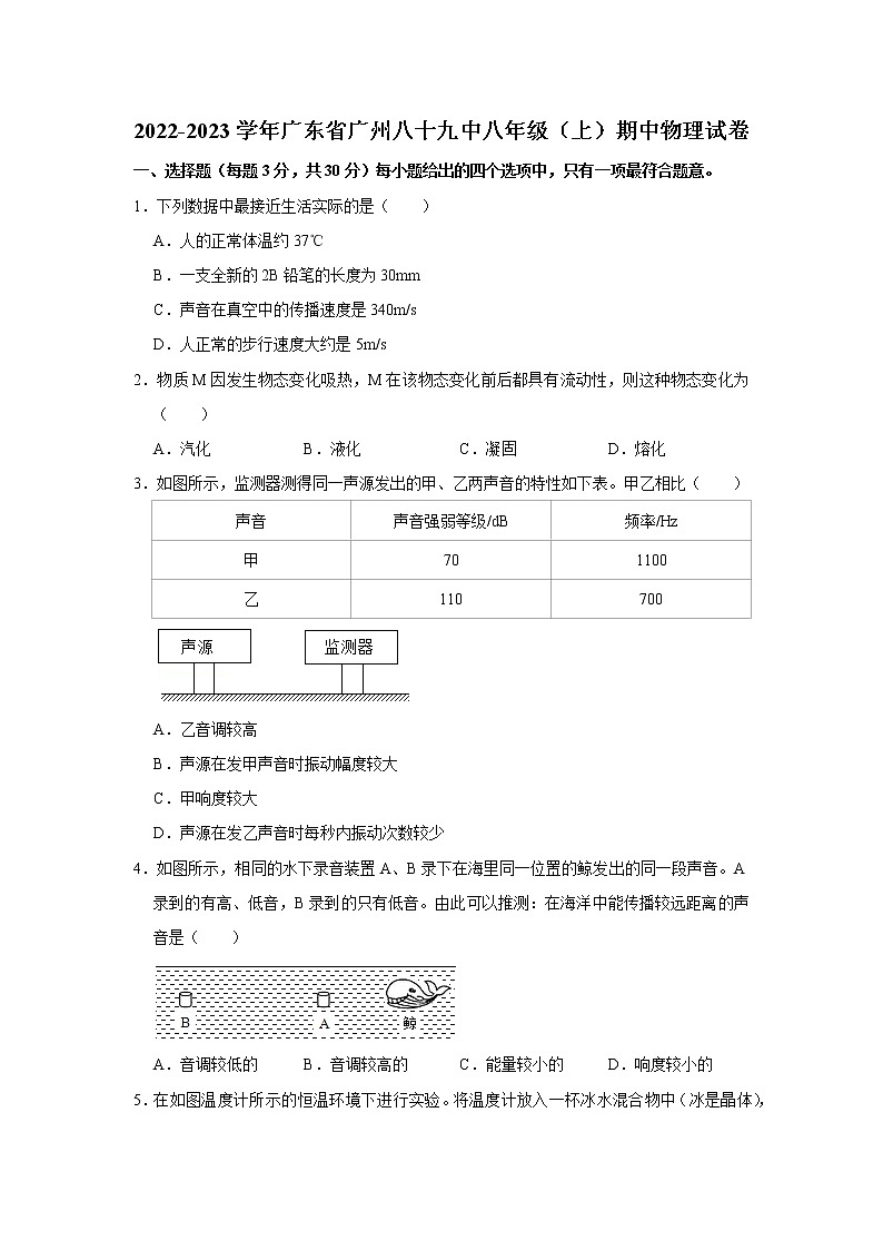 广东省广州市第八十九中学2022-2023学年八年级上学期期中考试物理试题(含答案)第1页