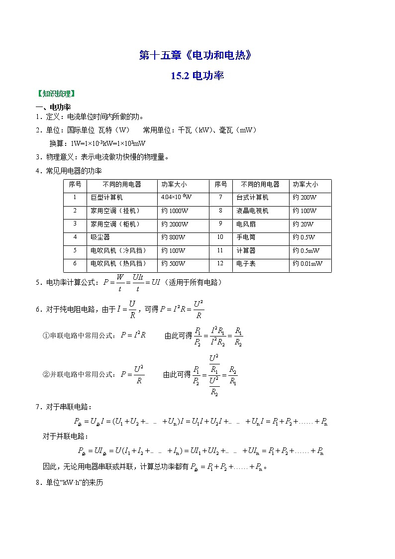 【同步练习】苏科版初三物理下册 第十五章《电功和电热》15.2 电功率（知识梳理+易错点）01