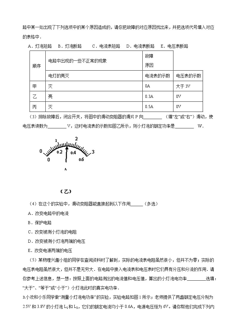 人教版九年级物理18.3测量小灯泡的电功率  实验探究题专练（含答案）第2页