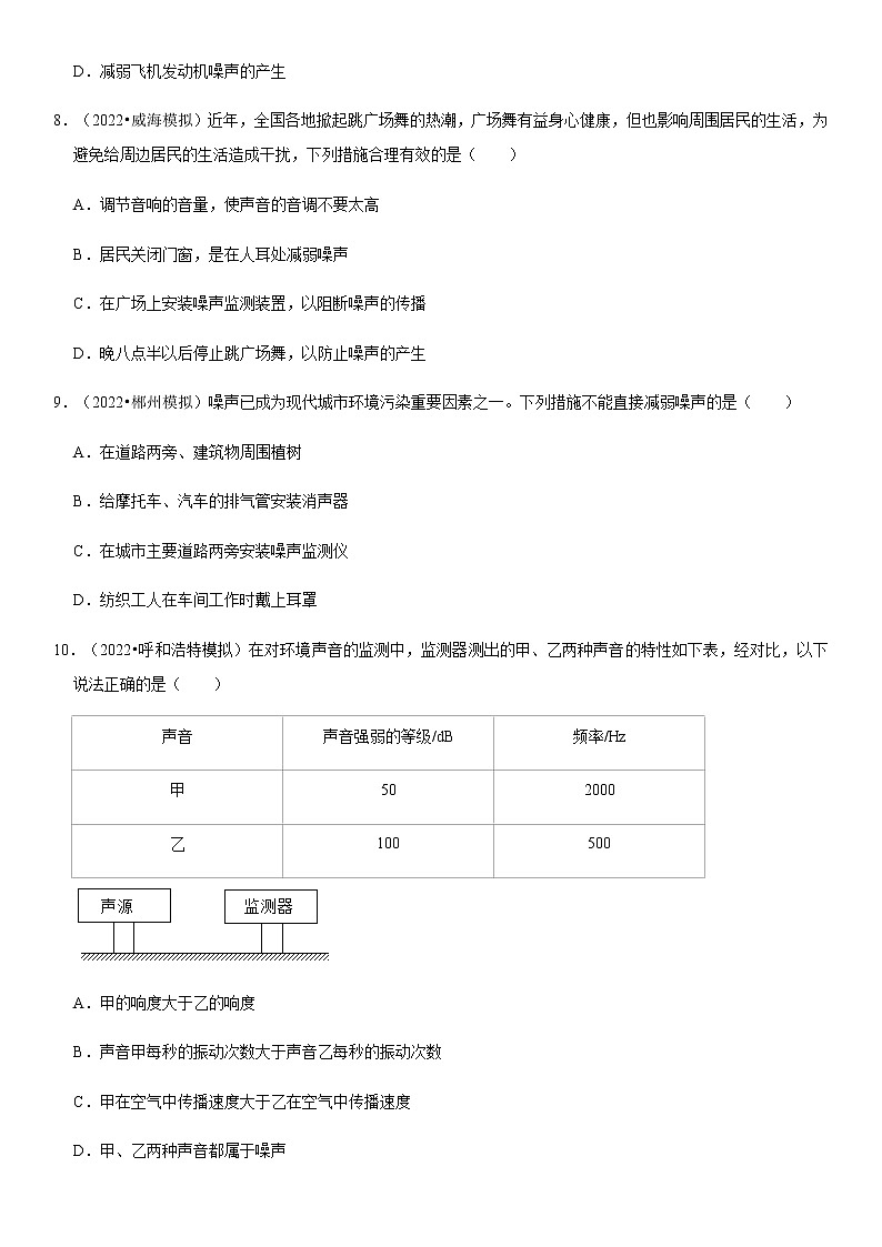 2.4 噪声的危害和控制（原卷+解析）-2022-2023学年八年级物理上册学优生重难点易错题精练（人教版）03