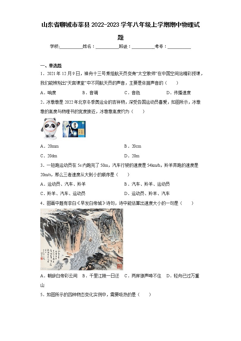 山东省聊城市莘县2022-2023学年八年级上学期期中物理试题(含答案)01