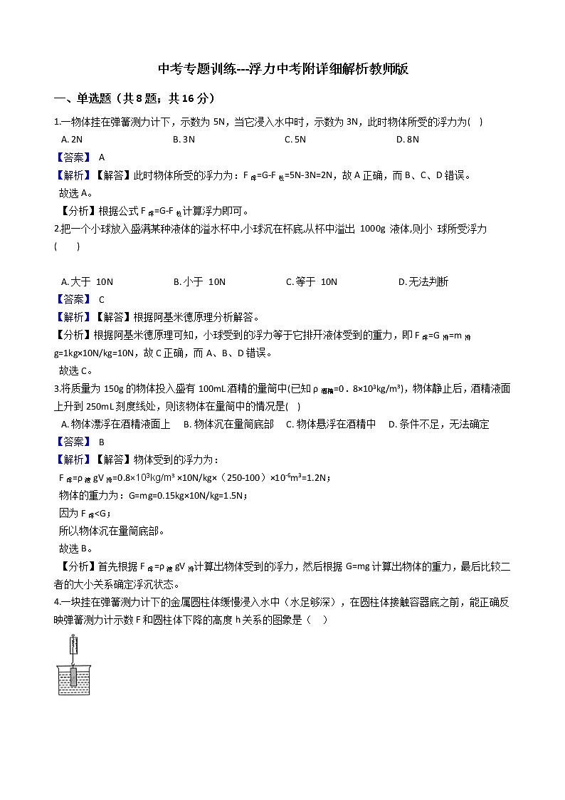 中考专题训练---浮力附详细解析教师版01