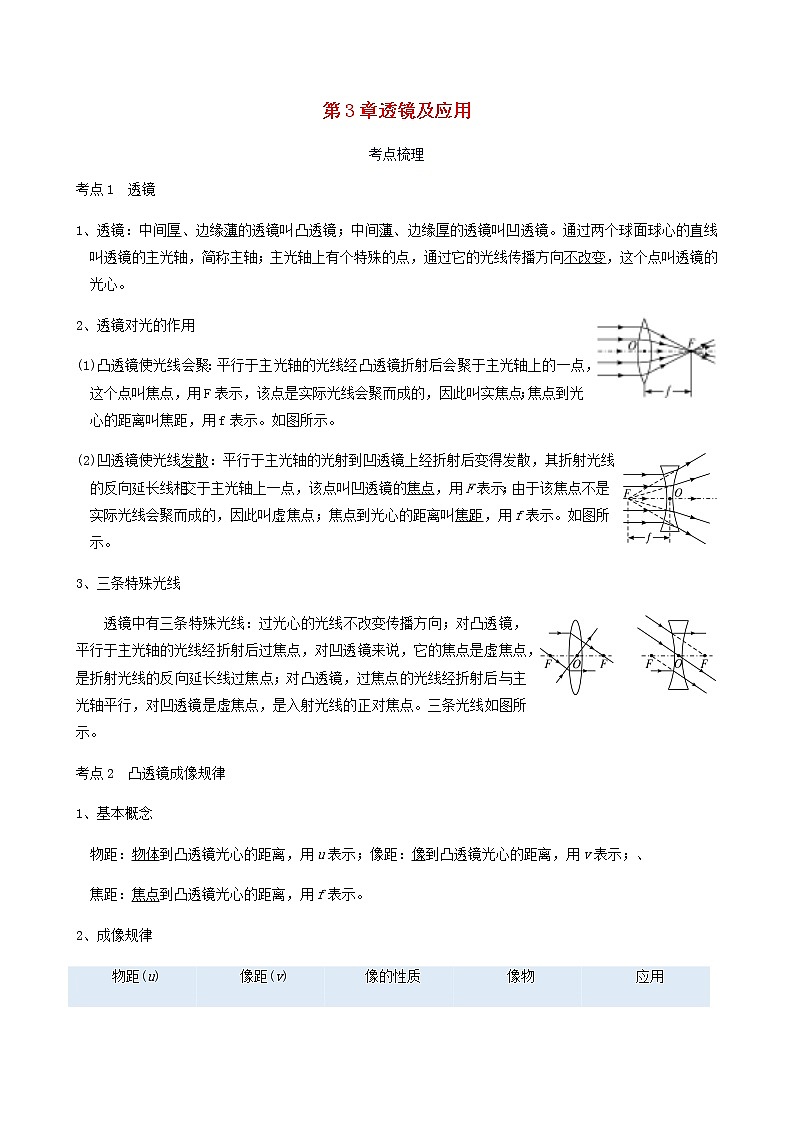 中考物理一轮复习讲义第3章透镜及应用考点知识梳理例题满分必练第1页