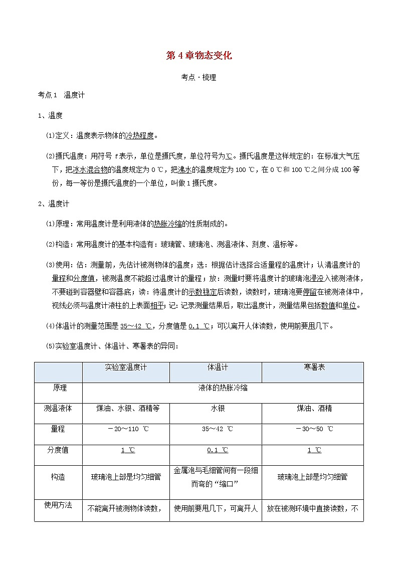 中考物理一轮复习讲义第4章物态变化考点知识梳理例题满分必练第1页