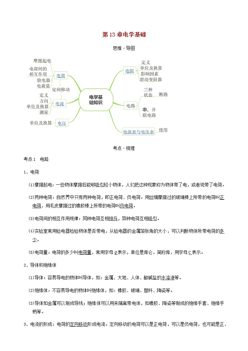 中考物理一轮复习讲义第13章电学基础考点知识梳理例题满分必练01