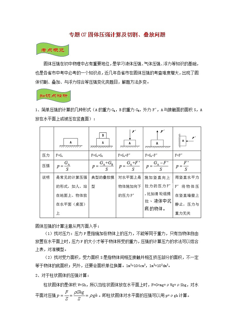 中考物理高频重难点考点专题解读与训练专题07固体压强计算及切割叠放问题含解析01