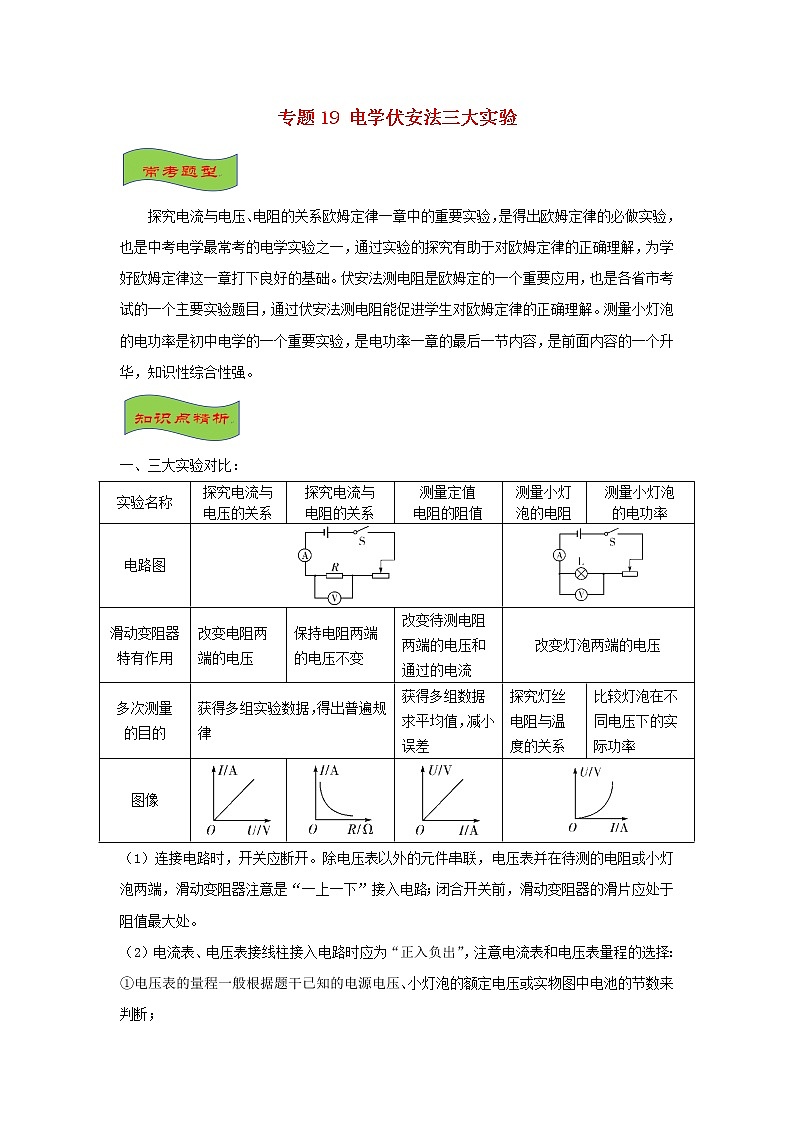 中考物理高频重难点考点专题解读与训练专题19电学伏安法三大实验含解析01