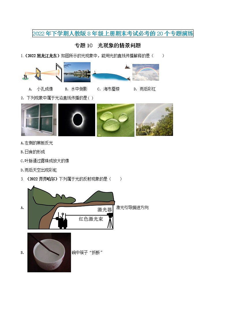 【期末专题演练】人教版物理八年级上学期期末演练：专题10-光现象的情景问题01