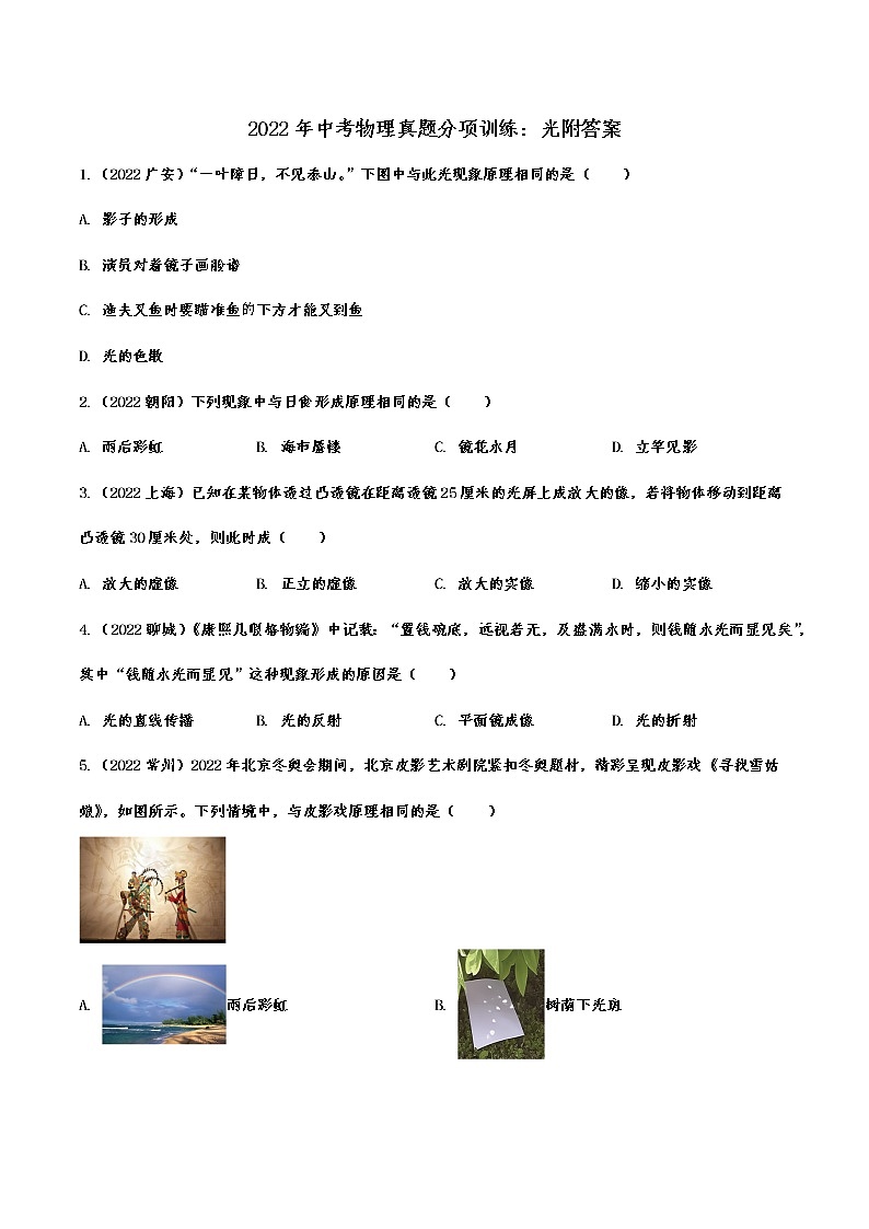 2022年中考物理真题分项训练：光附答案第1页