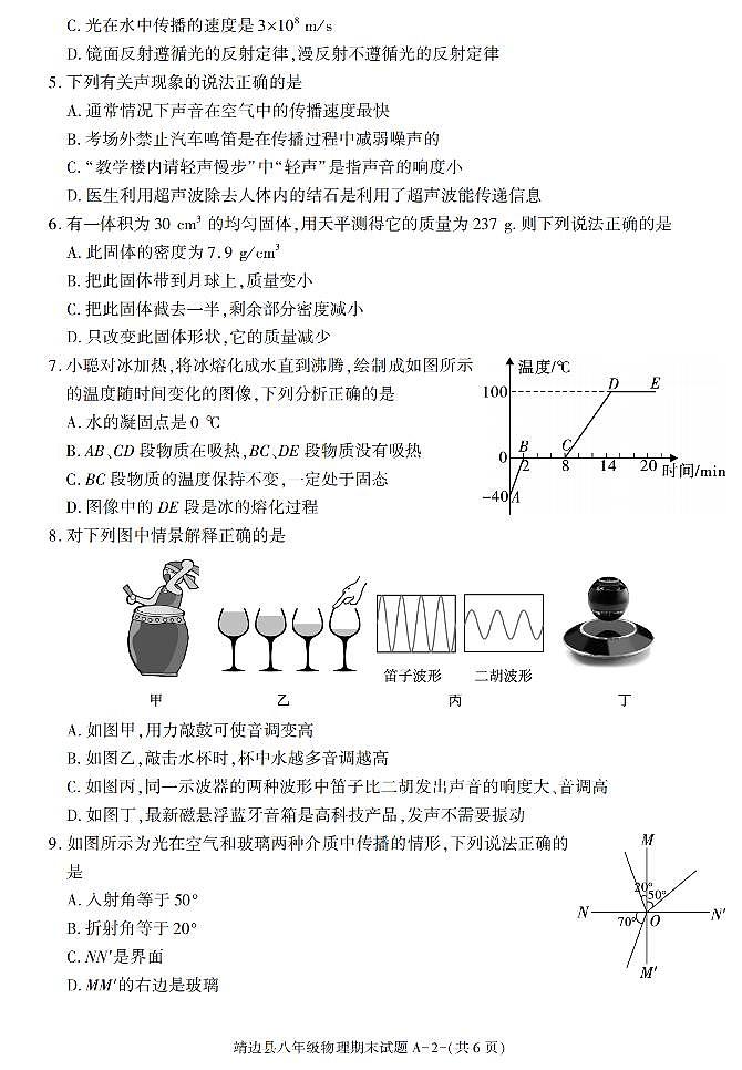 陕西省榆林市靖边县2021-2022学年八年级上册期末考试物理试题02