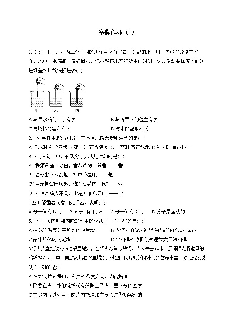 人教版九年级物理 寒假作业（1）01