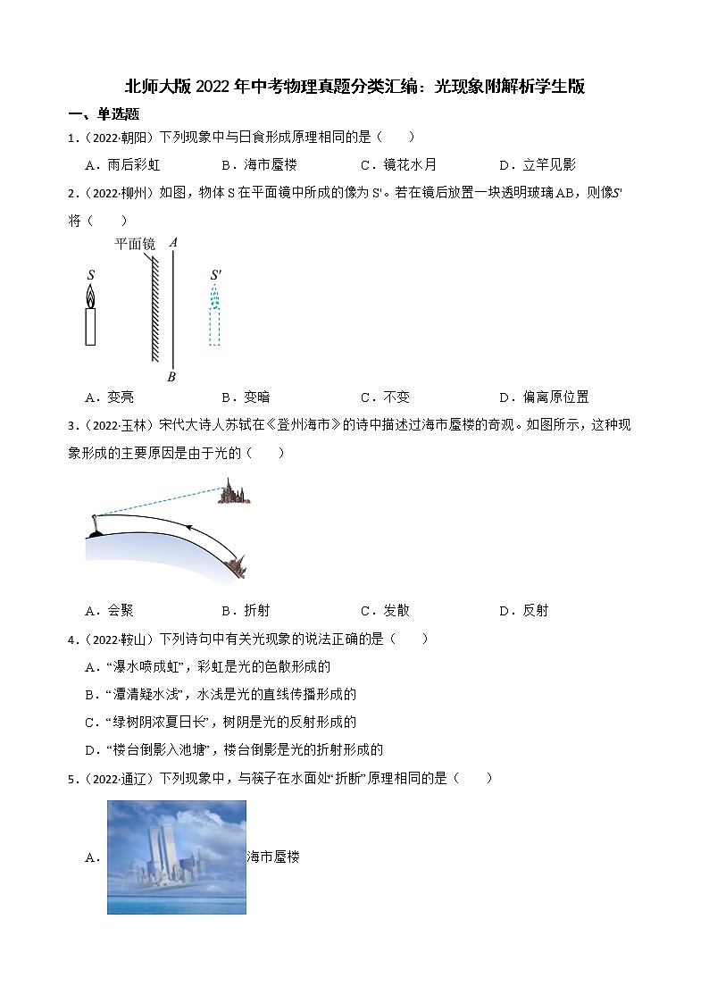 北师大版2022年中考物理真题分类汇编：光现象附解析01