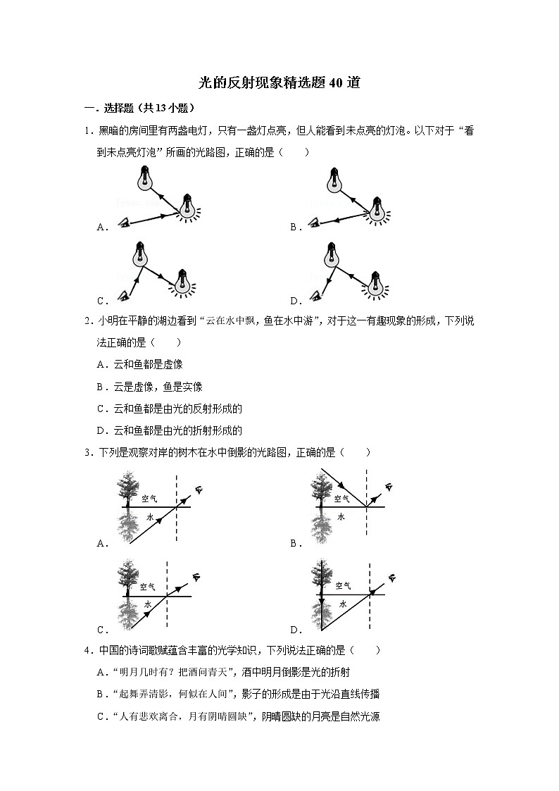 教科版物理八年级上册光的反射现象精选题40道第1页